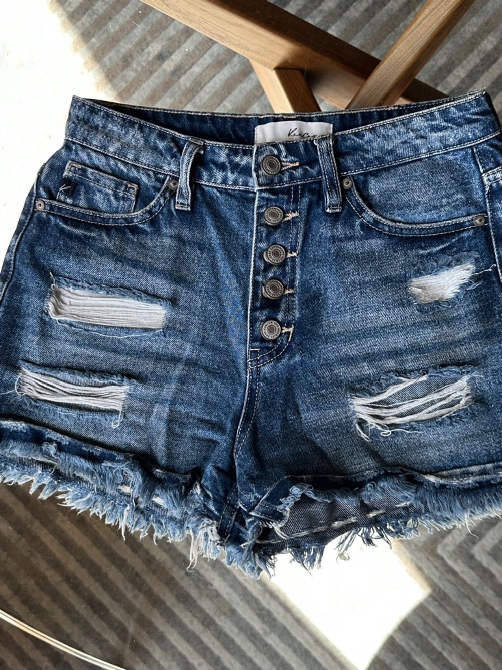 KanCan Dark Blue High-Rise Distressed Jean Shorts